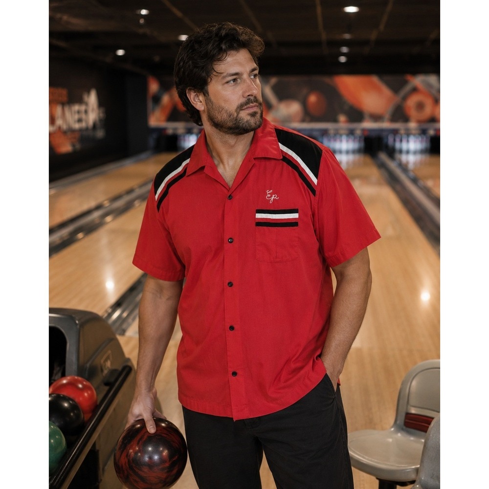 Vintage 60's Size XL Hilton Bowling Shirt Red Burger Beer Racing Stripe #1118